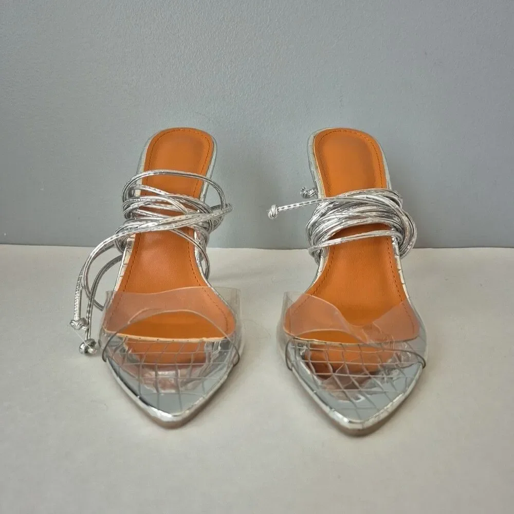 Boutique Silver Clear Open Toe Lace Up and Around the Calf High Heels Womens 6